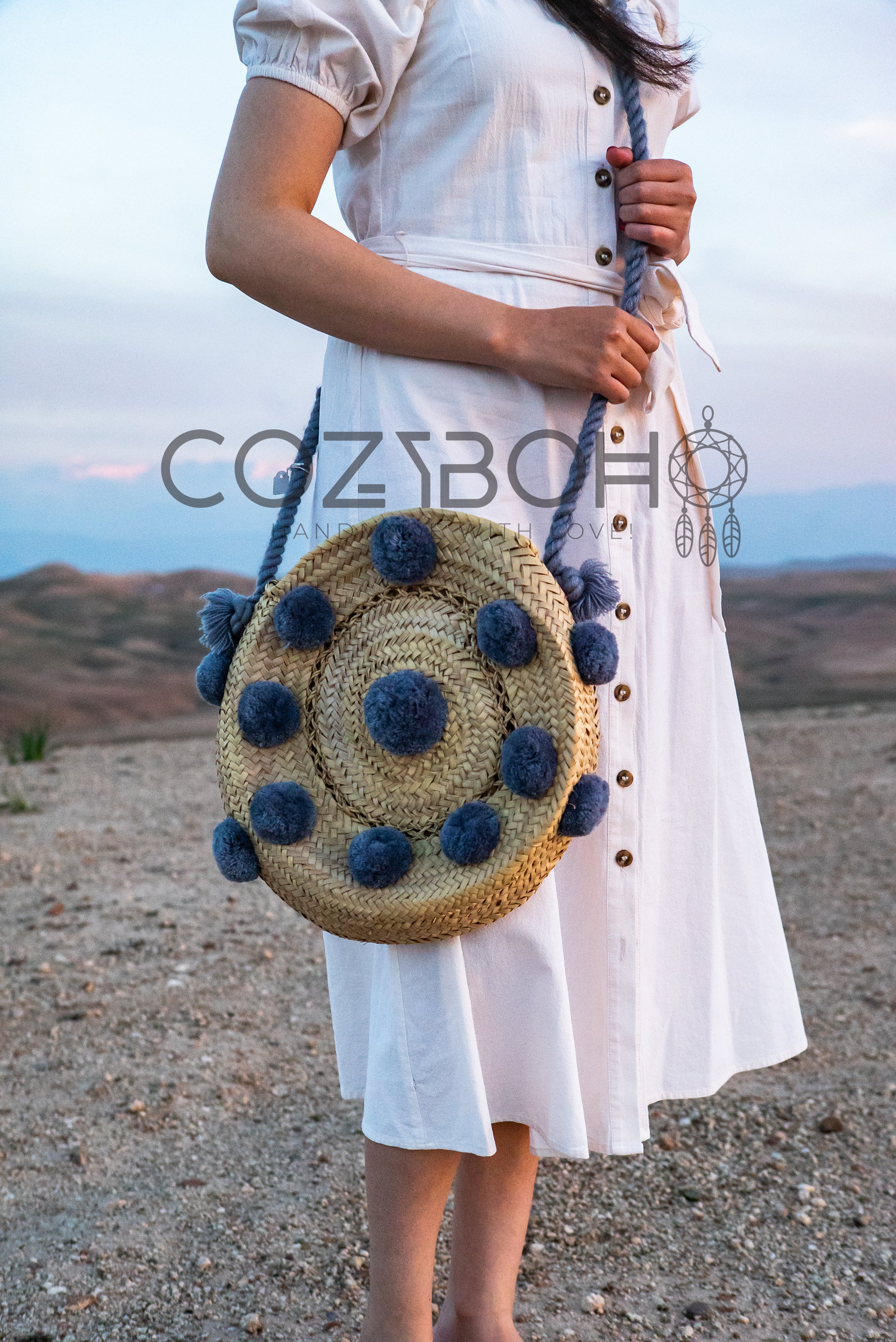 CozyBoho™ Handmade Round Straw Beach Bag