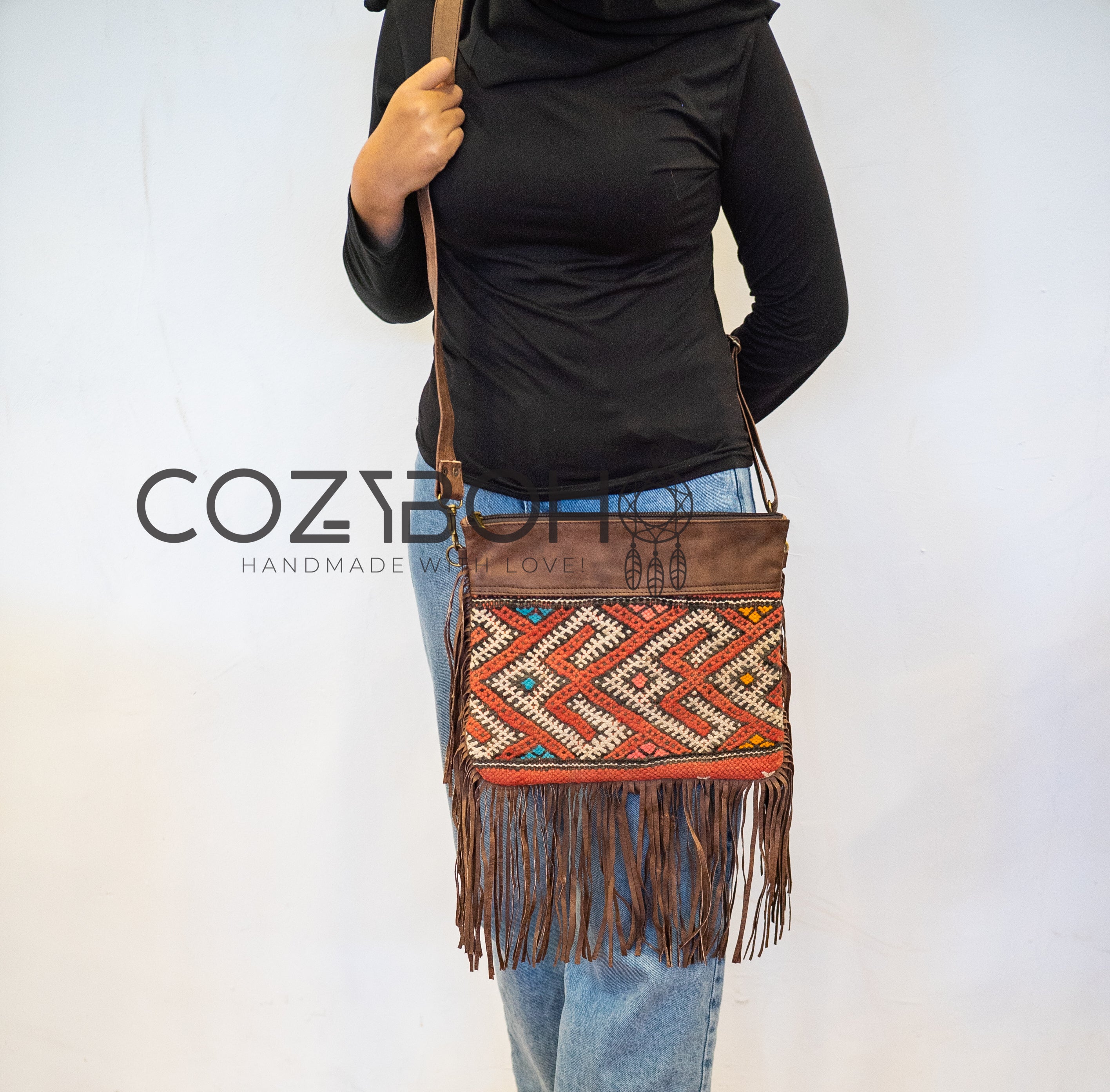 CozyBoho™ Leather Kilim Crossbody Bag