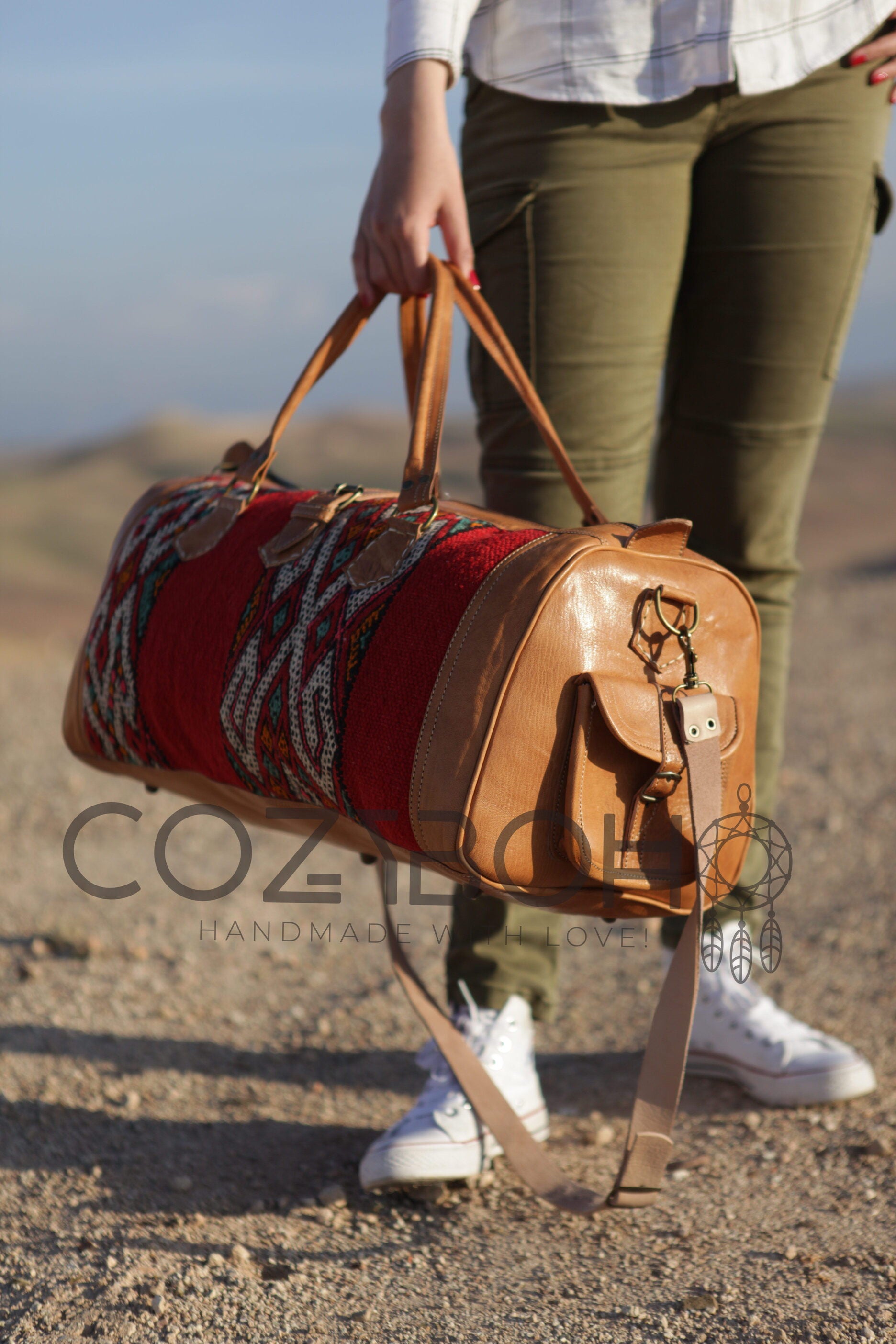 Travel Adventure Leather Bag Kilim Boho Weekender Bag Kilim 